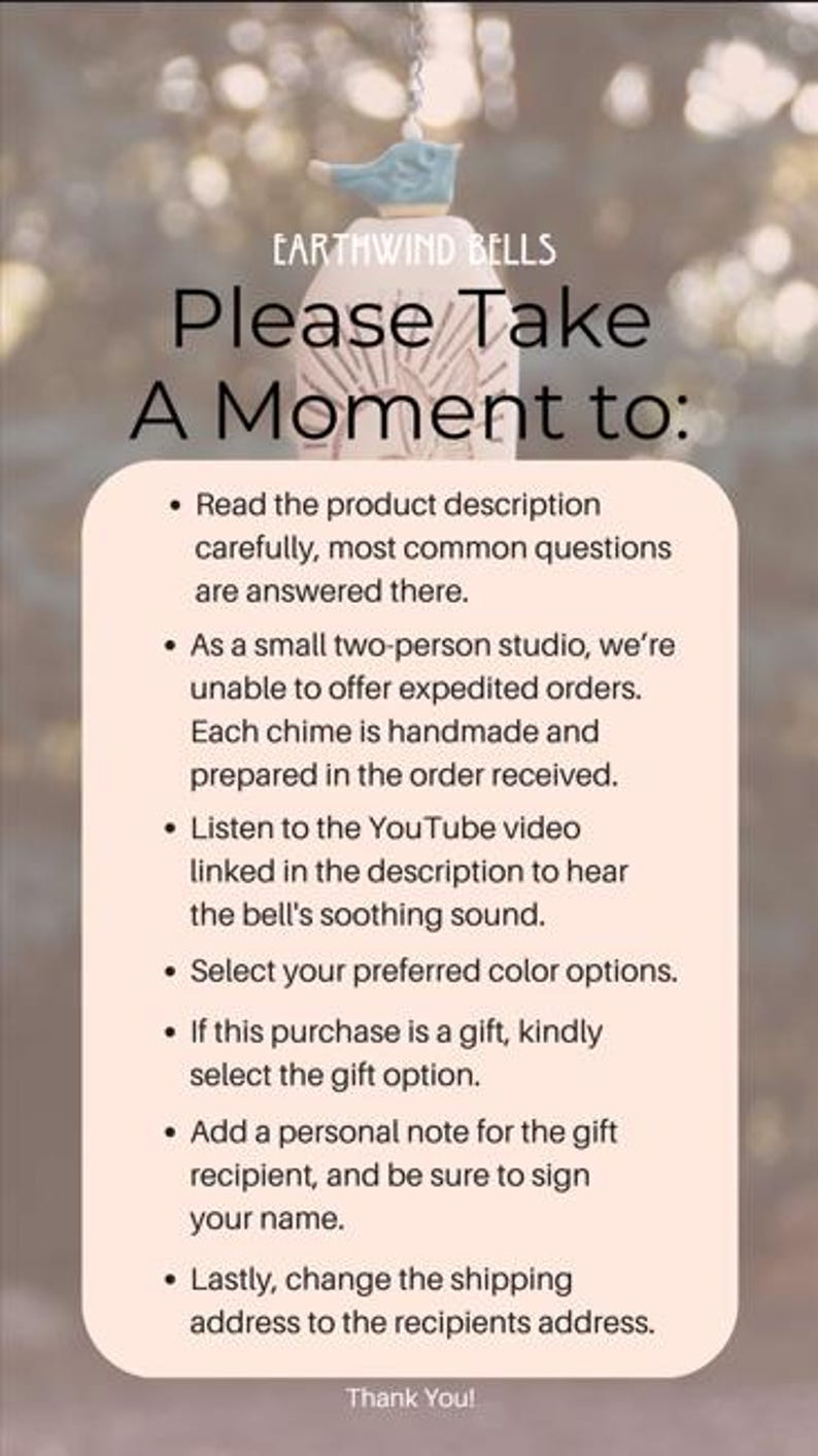 May include: A light-colored ceramic wind chime featuring a small blue bird topper and the text Earthwind Bells. Below, a light pink informational card lists instructions for reading product descriptions, selecting colors, and managing gift orders.