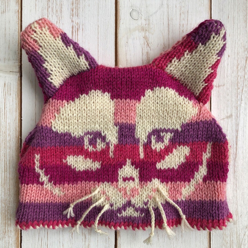 A knitted tea cosy with a cat face