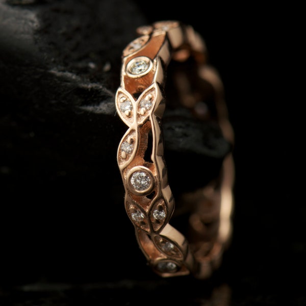 Kyra - Diamond Eternity Band in Rose Gold, Round Brilliant Cut, Prong Set, Open Leaf and Dot Design, 7/8 Eternity, Modern, Free Shipping