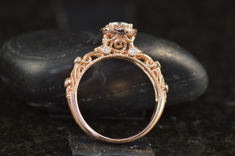 Ashlyn Moissanite Engagement Ring in Rose Gold, Round Brilliant Cut, Diamond Halo, Filigree with Bezel Set Side Stones, Free Shipping image 2