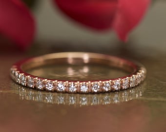 Petite French Pave Diamond Wedding Band in 14k Rose Gold, 1/2 Eternity, 0.16ctw, 1.6mm Wide, Diamond Stacker, Whisper Thin, Francesca