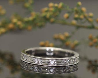 Reserved for Vmj4020 ,Baguette and Round Diamond Eternity Band with Beaded Milgrain in 18k yellow  Gold, Dot Dash Design, 0.97ctw,