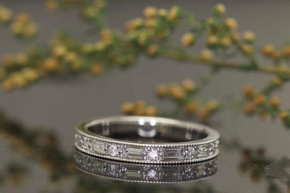 Baguette and Round Diamond Eternity Band With Beaded Milgrain