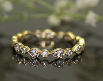 Pear and Bubble Diamond Eternity Stacking Ring in 18k yellow Gold with Beaded Milgrain, Prong and Bezel Set,  Wedding Band, Lucy