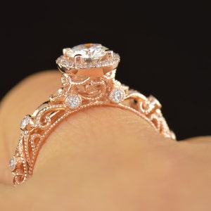 Ashlyn Moissanite Engagement Ring in Rose Gold, Round Brilliant Cut, Diamond Halo, Filigree with Bezel Set Side Stones, Free Shipping image 4