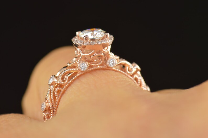 Ashlyn Moissanite Engagement Ring in Rose Gold, Round Brilliant Cut, Diamond Halo, Filigree with Bezel Set Side Stones, Free Shipping image 4