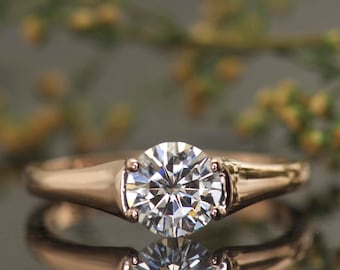 Low Profile Cathedral Solitaire Engagement Ring in 14k Rose Gold, 6.5mm/1.00ct Forever One Moissanite, 6mm-1.75mm Tapered Band, Hayden One