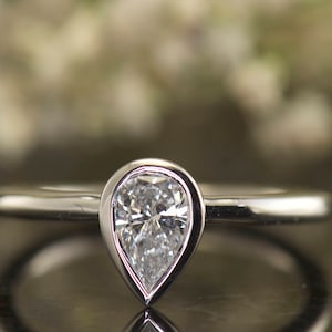 Pear Cut Bezel Set Engagement Ring, Pear Bezel Ring, 7x5mm 0.75ct Forever One Moissanite, 1.6mm Band, Solitaire Engagement, Emery M