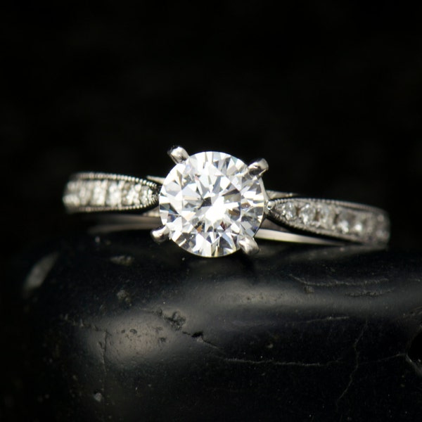 Forever One Moissanite Solitaire Engagement Ring, Classic 4-Prong Cathedral Setting with Accent Diamonds & Milgrain, Lydia