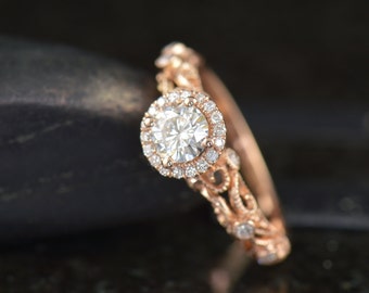 Ashlyn - Moissanite Engagement Ring in Rose Gold, Round Brilliant Cut, Diamond Halo, Filigree with Bezel Set Side Stones, Free Shipping