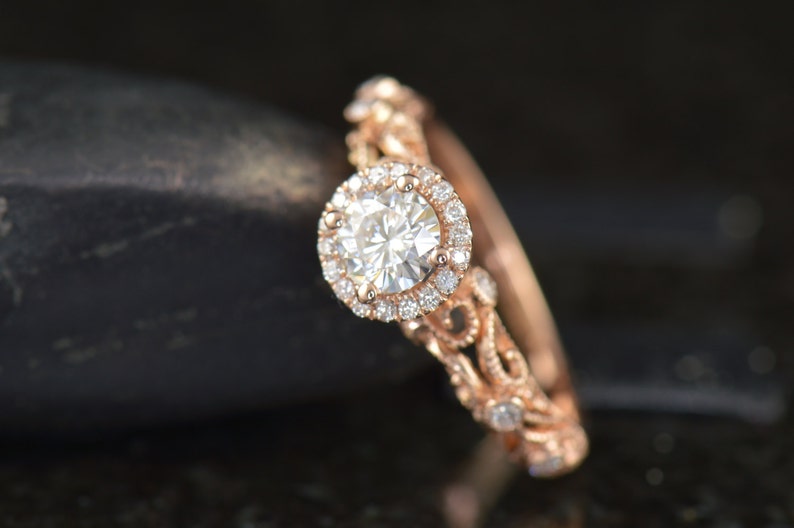 Ashlyn Moissanite Engagement Ring in Rose Gold, Round Brilliant Cut, Diamond Halo, Filigree with Bezel Set Side Stones, Free Shipping image 1