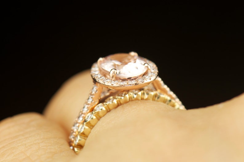 Oval Morganite Halo Engagement Ring and Diamond Bubble Wedding Bands, Bezel Set, Shared Prong, Stackable, Free Shipping, Maria Trio image 3