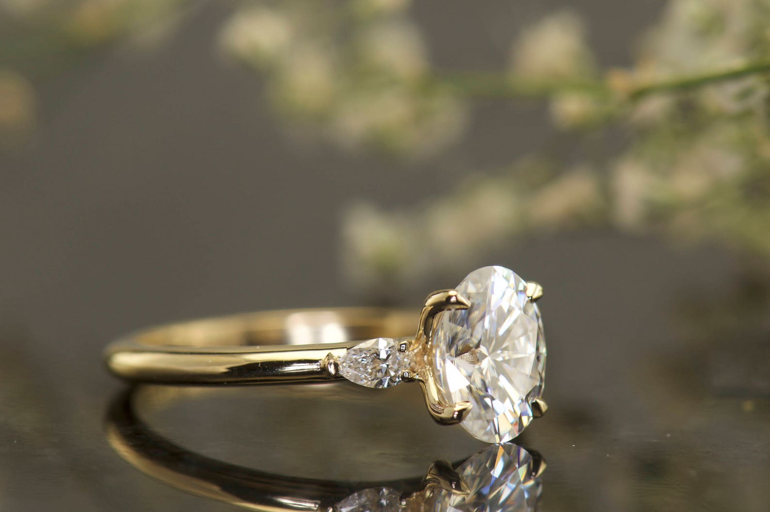 Oval Three Stone Engagement Ring With Pear Diamond Accents, 8x6mm/1.52ct Oval F1 Moissanite, 0