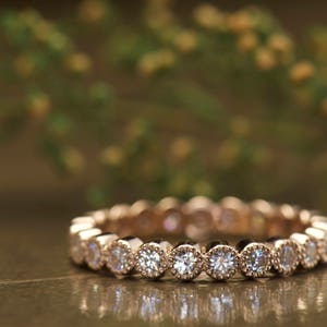 Bezel Set Moissanite Eternity Band with Milgrain in 14k Rose Gold, 0.69ctw Forever One Moissanite, 3mm Wide, Wedding Band, Cadence M image 1