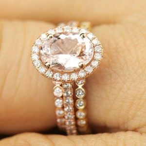 Oval Morganite Halo Engagement Ring and Diamond Bubble Wedding Bands, Bezel Set, Shared Prong, Stackable, Free Shipping, Maria Trio image 2