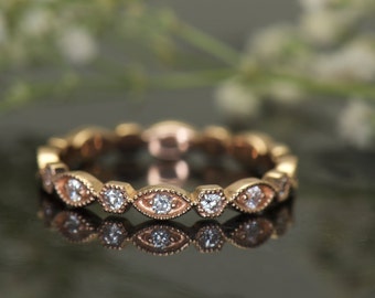 Beaded Marquise and Dot Diamond Eternity Band in 14k Rose Gold, 0.33ctw, 2.8mm Wide, Bezel Set Diamonds, Milgrain, Full Eternity, Natalie