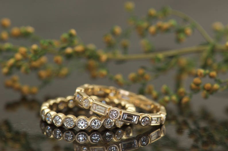 Bezel Set Diamond Eternity Wedding Ring Set in 14k Matte Yellow Gold, Baguette Cut and Round Cut Diamonds, 1.23ctw, Samantha & Cadence M image 1