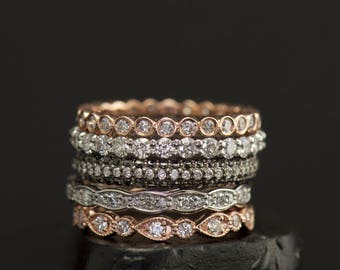 Diamond Eternity Band Stacking Set, Rose & White Gold, Pear and Bubble, Scalloped Band, Milgrain, Right Hand Rings, Wedding Bands, Julia Set