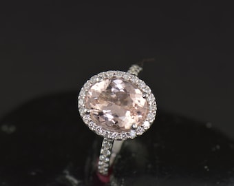 Rebecca - Morganite & Diamond Engagement Ring in White Gold, Oval Center in Diamond Halo and Prong Set Band, Fit Flush Design, Free Shipping