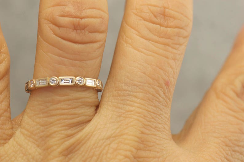Bezel Set Diamond Eternity Wedding Ring Set in 14k Matte Yellow Gold, Baguette Cut and Round Cut Diamonds, 1.23ctw, Samantha & Cadence M image 7