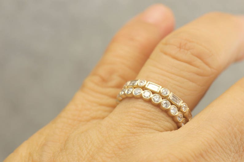Bezel Set Diamond Eternity Wedding Ring Set in 14k Matte Yellow Gold, Baguette Cut and Round Cut Diamonds, 1.23ctw, Samantha & Cadence M image 4