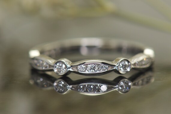 Marquise and Dot Wedding Band in White Gold Channel and Bezel Set