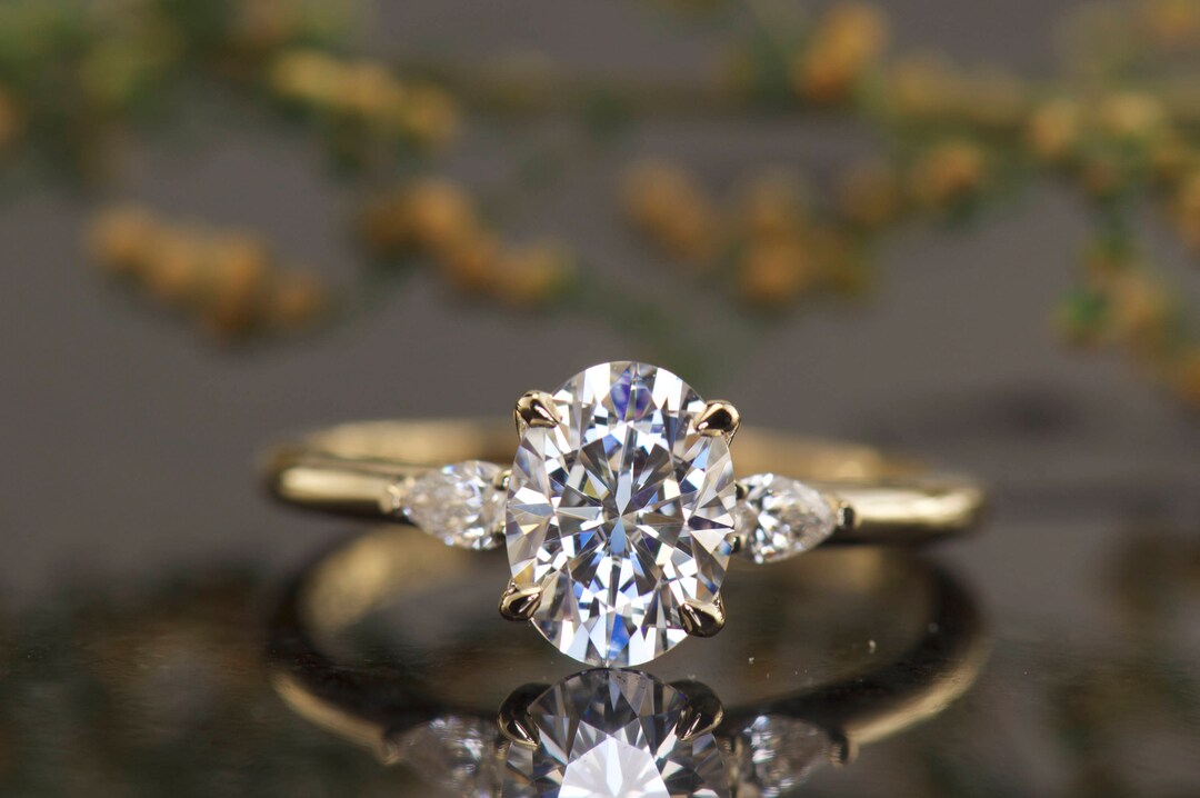 Oval Three Stone Engagement Ring With Pear Diamond Accents - Etsy