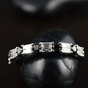 Amanda - Black and White Diamond Band in White Gold, Round Brilliant and Baguette Cut, Double Row, Classic, Right Hand Ring, Free Shipping