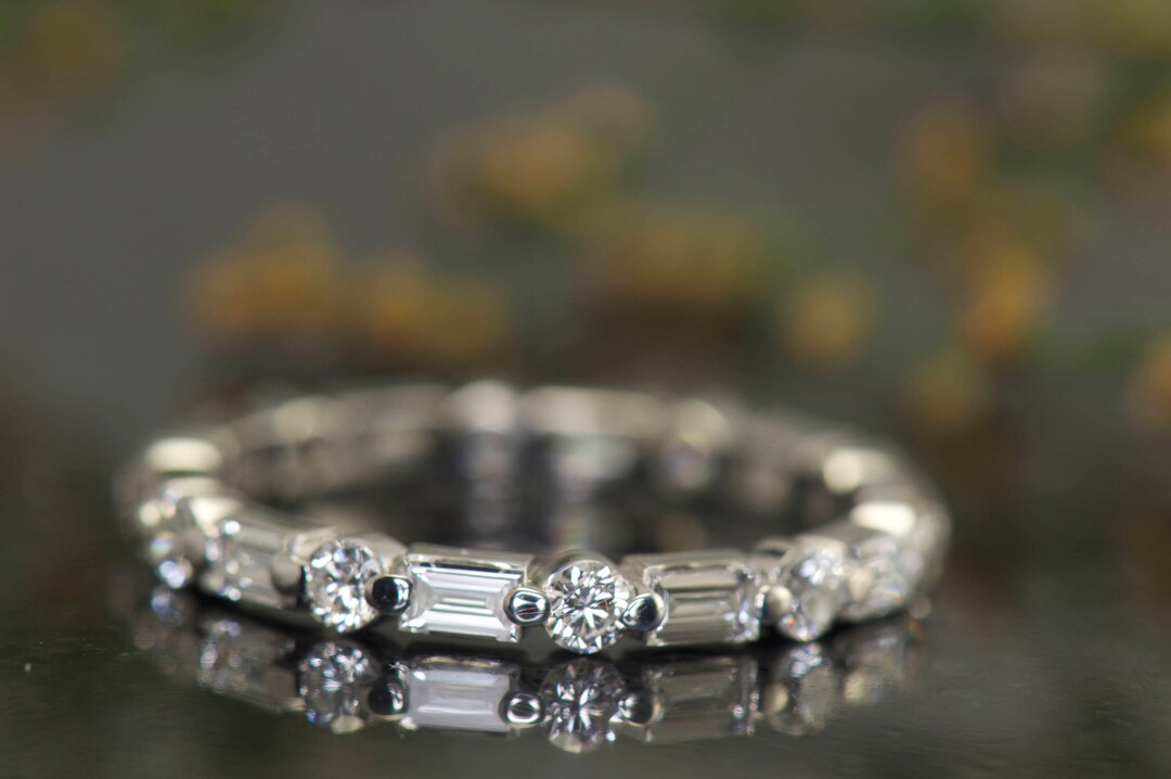 Baguette and Round Cut Diamond Eternity Band in 14k White Gold, 0.90ctw ...