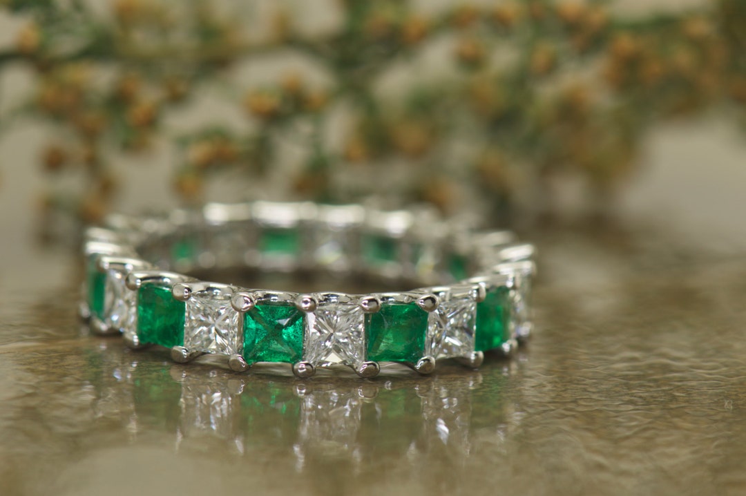 Princess Cut Diamond and Emerald Eternity Band in 14k White - Etsy