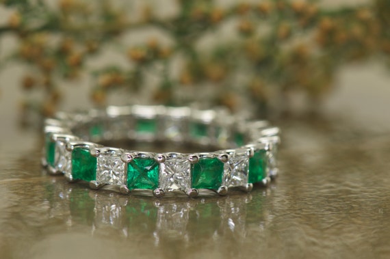Princess Cut Diamond and Emerald Eternity Band in 14k White | Etsy