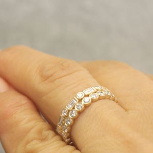 Bezel Set Diamond Eternity Wedding Ring Set in 14k Matte Yellow Gold, Baguette Cut and Round Cut Diamonds, 1.23ctw, Samantha & Cadence M image 3