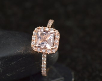 Princess Cut Halo Engagement Ring in 14k Rose Gold, 1.00ct Square Morganite, 0.50ctw E-F Color VS Clarity Diamonds, 1.5mm Band, Abigail