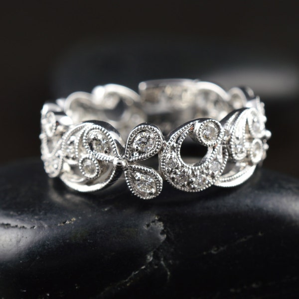 Angela - Diamond Fashion Ring in White Gold, Round Brilliant Cut, Floral Design with Prong and Bezel Setting, Beaded Milgrain, Free Shipping