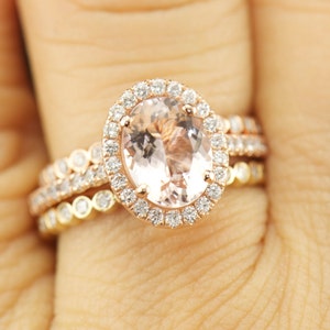 Oval Morganite Halo Engagement Ring and Diamond Bubble Wedding Bands, Bezel Set, Shared Prong, Stackable, Free Shipping, Maria Trio image 1