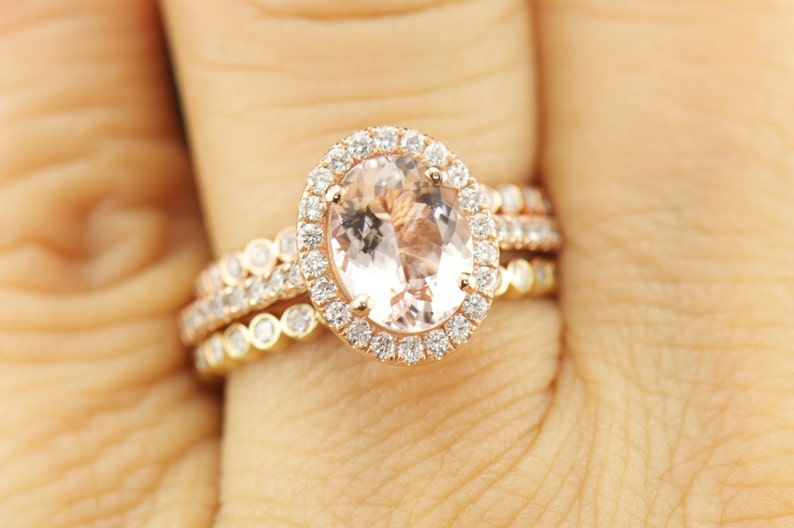 Oval Morganite Halo Engagement Ring and Diamond Bubble Wedding Bands, Bezel Set, Shared Prong, Stackable, Free Shipping, Maria Trio image 1