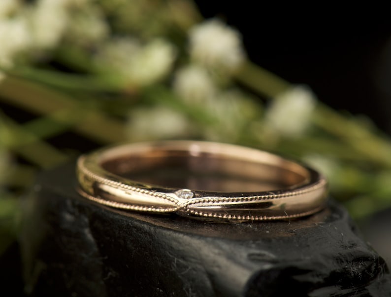 Petite Diamond Stacker in 14k Rose Gold with Peek-a-Boo Diamonds and Criss-Cross Beaded Milgrain, 0.02ctw, 1.8mm Wide, Wedding Ring, Robin image 1