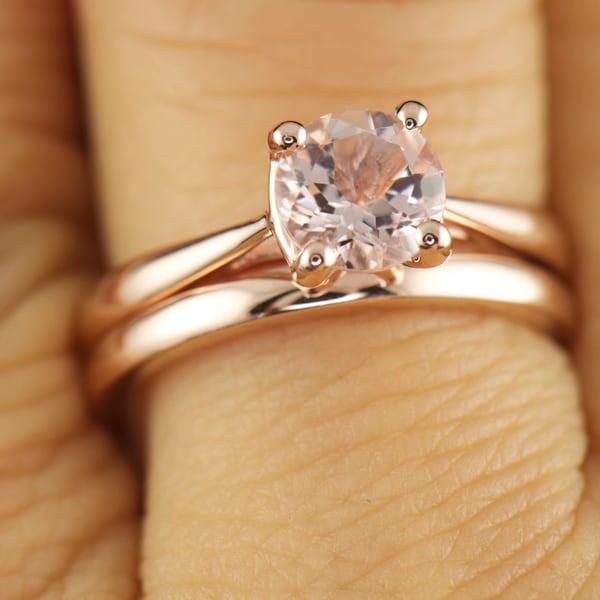 Tapered Trellis Solitaire Engagement Ring Set in 14k Rose Gold, 0.75ct Morganite, 2mm Rose Gold Domed Wedding Band, Talia & Kelsie Set