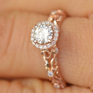 Ashlyn Moissanite Engagement Ring in Rose Gold, Round Brilliant Cut, Diamond Halo, Filigree with Bezel Set Side Stones, Free Shipping image 5