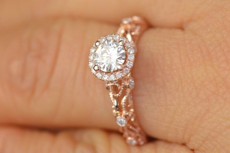 Ashlyn Moissanite Engagement Ring in Rose Gold, Round Brilliant Cut, Diamond Halo, Filigree with Bezel Set Side Stones, Free Shipping image 5