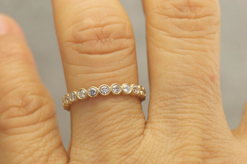 Bezel Set Diamond Eternity Wedding Ring Set in 14k Matte Yellow Gold, Baguette Cut and Round Cut Diamonds, 1.23ctw, Samantha & Cadence M image 8