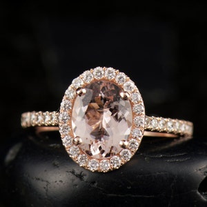 Oval Morganite Halo Engagement Ring and Diamond Bubble Wedding Bands, Bezel Set, Shared Prong, Stackable, Free Shipping, Maria Trio image 4