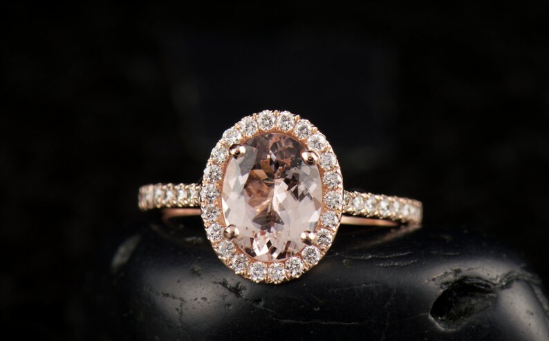 Oval Morganite Halo Engagement Ring and Diamond Bubble Wedding Bands, Bezel Set, Shared Prong, Stackable, Free Shipping, Maria Trio image 4