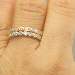 Bezel Set Diamond Eternity Wedding Ring Set in 14k Matte Yellow Gold, Baguette Cut and Round Cut Diamonds, 1.23ctw, Samantha & Cadence M image 2