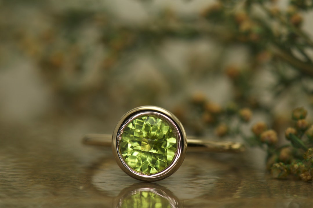 Bezel Set Peridot Ring in Yellow Gold, 6mm/0.75ct Round Checkerboard Cut Peridot, Fashion Ring