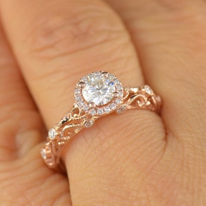 Ashlyn Moissanite Engagement Ring in Rose Gold, Round Brilliant Cut, Diamond Halo, Filigree with Bezel Set Side Stones, Free Shipping image 3