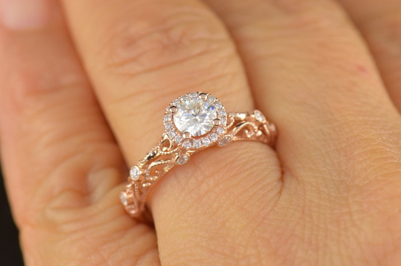 Ashlyn Moissanite Engagement Ring in Rose Gold, Round Brilliant Cut, Diamond Halo, Filigree with Bezel Set Side Stones, Free Shipping image 3