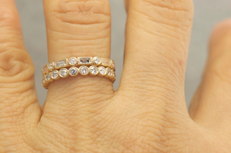 Bezel Set Diamond Eternity Wedding Ring Set in 14k Matte Yellow Gold, Baguette Cut and Round Cut Diamonds, 1.23ctw, Samantha & Cadence M image 5
