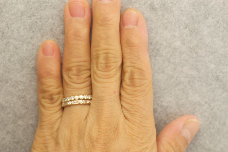 Bezel Set Diamond Eternity Wedding Ring Set in 14k Matte Yellow Gold, Baguette Cut and Round Cut Diamonds, 1.23ctw, Samantha & Cadence M image 6