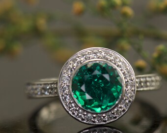 Chatham Emerald Engagement in 14k White Gold, 1.25ct Bezel Set Emerald, 0.42ctw E-F Color VS Clarity Diamonds, 2.3mm Band, Elizabeth E